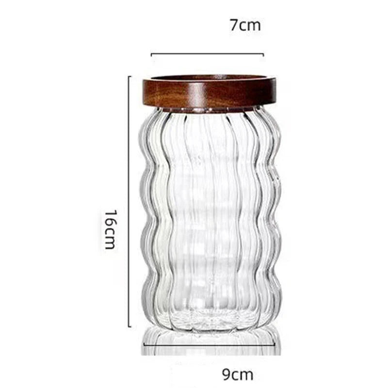 Modern Striped Glass Containers – Wood Lid Jars for Food Storage & Kitchen Decor