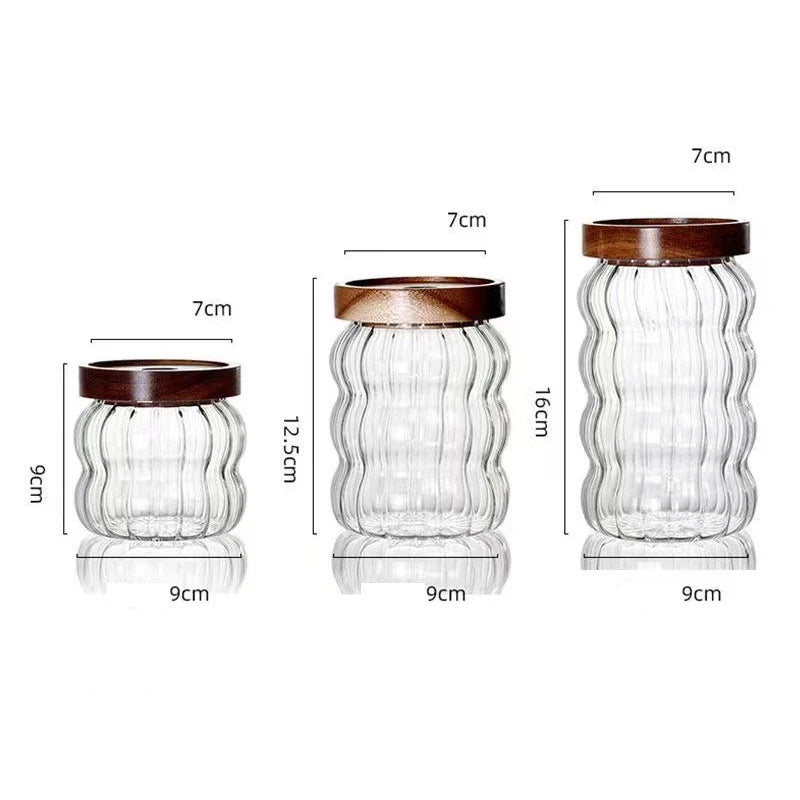 Modern Striped Glass Containers – Wood Lid Jars for Food Storage & Kitchen Decor