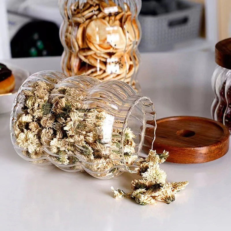Modern Striped Glass Containers – Wood Lid Jars for Food Storage & Kitchen Decor