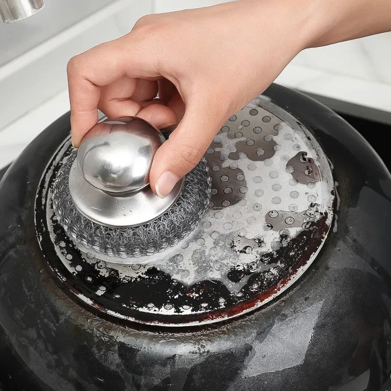 Pot Brush with Handle – Stainless Steel Dishwashing Scrubber Ball (5/1Pcs Set)