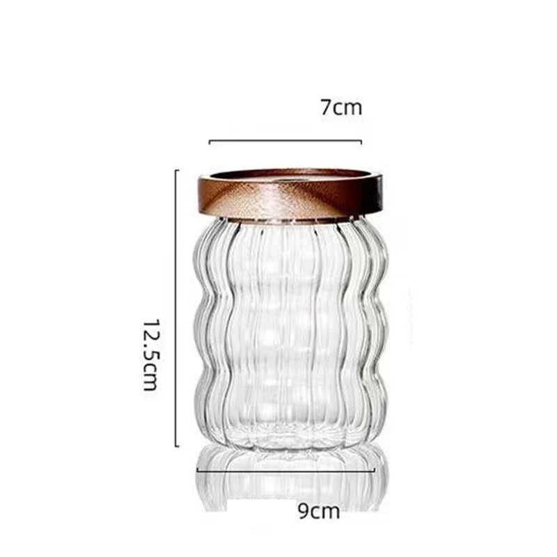 Modern Striped Glass Containers – Wood Lid Jars for Food Storage & Kitchen Decor