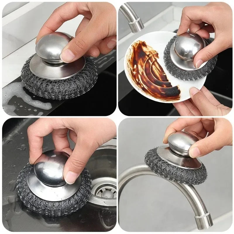Pot Brush with Handle – Stainless Steel Dishwashing Scrubber Ball (5/1Pcs Set)
