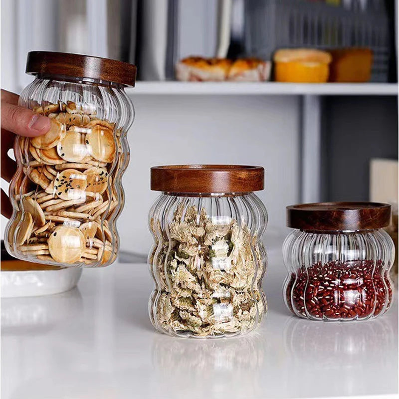 Modern Striped Glass Containers – Wood Lid Jars for Food Storage & Kitchen Decor