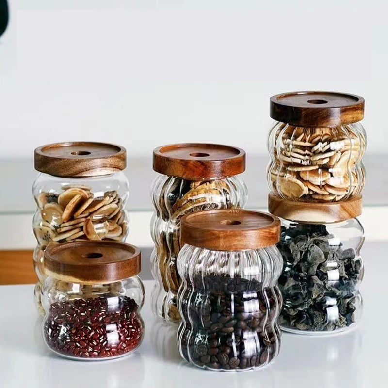 Modern Striped Glass Containers – Wood Lid Jars for Food Storage & Kitchen Decor