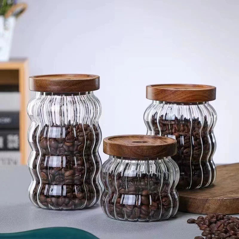 Modern Striped Glass Containers – Wood Lid Jars for Food Storage & Kitchen Decor