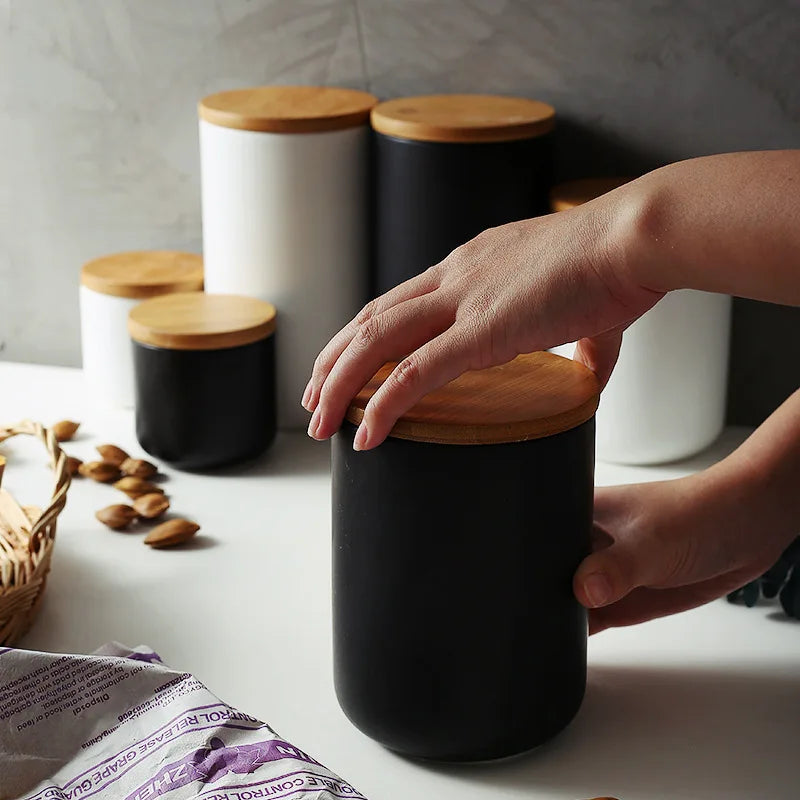 Ceramic Storage Jar with Bamboo Lid – Perfect for Grains, Coffee, Tea & Spices