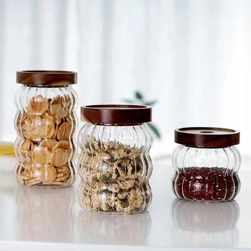 Modern Striped Glass Containers – Wood Lid Jars for Food Storage & Kitchen Decor