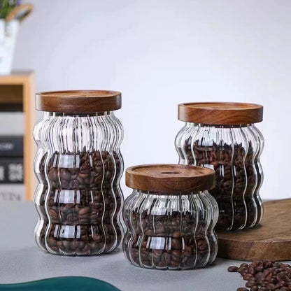 Modern Striped Glass Containers – Wood Lid Jars for Food Storage & Kitchen Decor